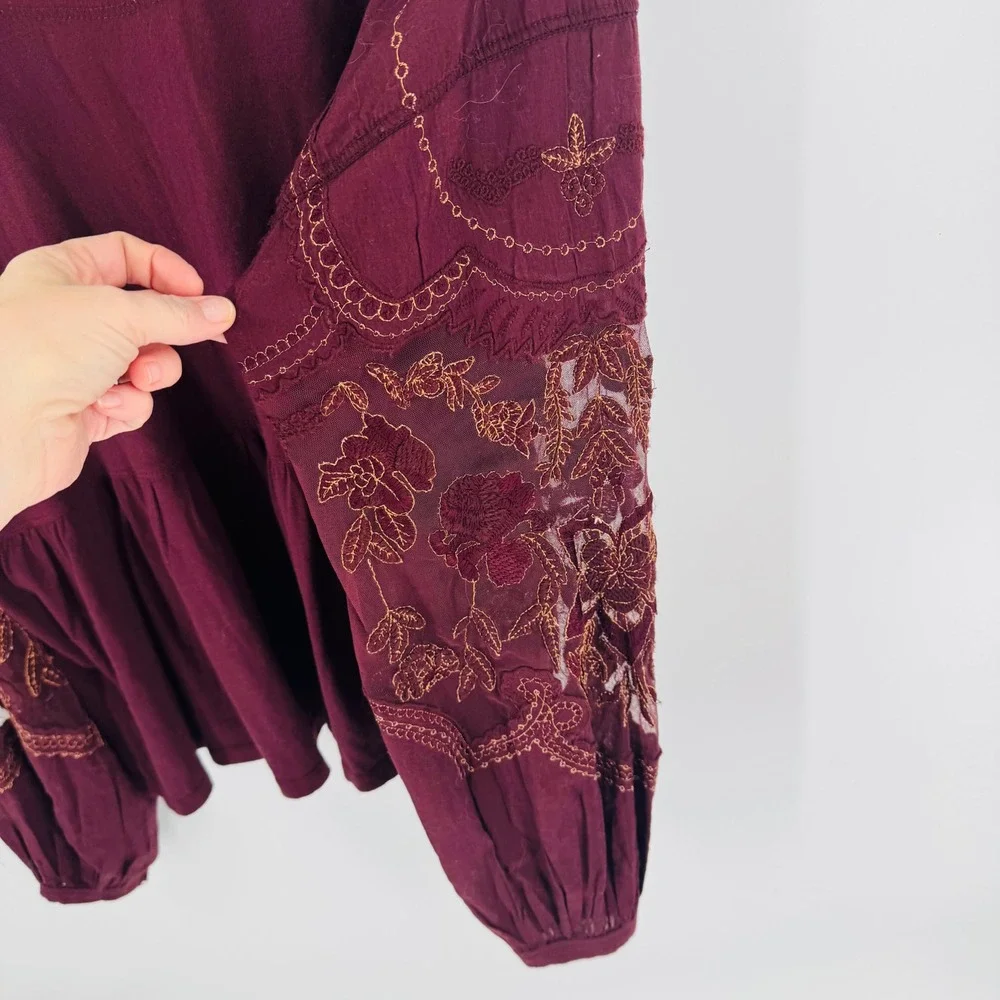 Free People Small Burgundy Plum Embroidered Lace Long Sleeve Top Boho Whimsigoth
